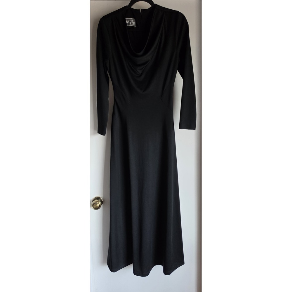 Edith Flagg Maxi Dress Black Solid Cowl Neck Long Sleeve Vintage Gown